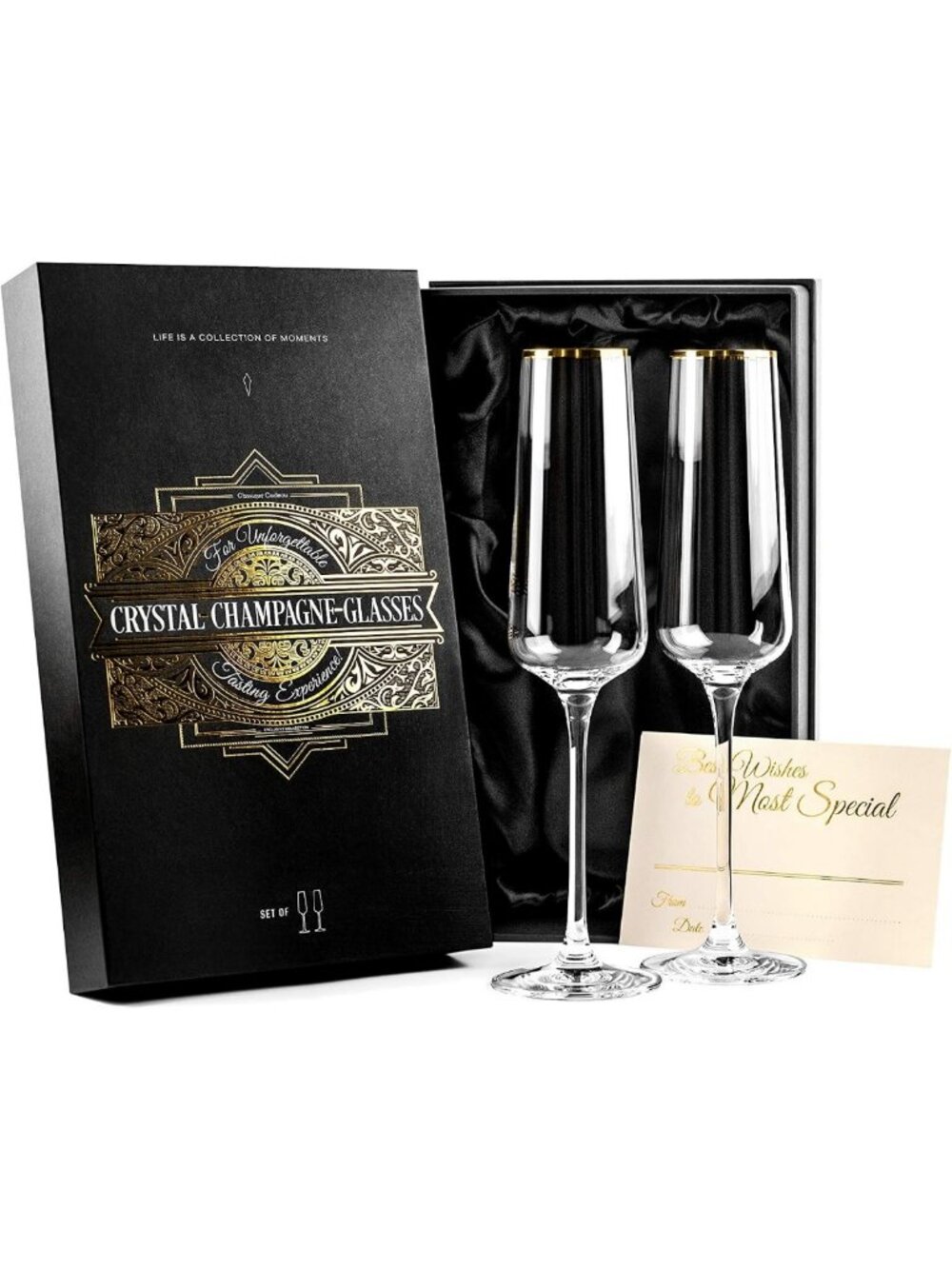 Elegant Gold Rim Champagne Glasses | Set of 2 Crystal Toasting Flutes for